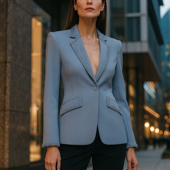 Cinq À Sept Kayden Beaded Crepe Blazer Blue Tailored Lined Jacket NWT Sz 6 - Picture 1 of 10